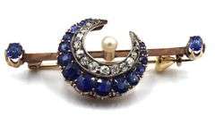 Antique 2.10ctw sapphire, diamond and pearl moon brooch