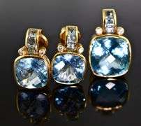 Elegant 18K Yellow Gold Blue Topaz Earrings and Pendant