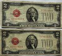 Two 1928  G Red Seal $2 US Notes