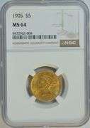 Nearly Gem BU better 1905 $5 Liberty Gold Piece. NGC MS64
