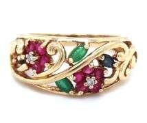 Colorful 10K YG Floral Motif Ring, Earring, and Pendant Suite