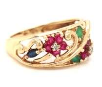 Colorful 10K YG Floral Motif Ring, Earring, and Pendant Suite
