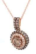 14kt Rose gold Levian chocolate and white double halo diamond pendant on chain
