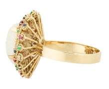 Oval Opal Cabochon and Multi-Gemstone Double Frame Cocktail Ring in 14K