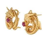 Ruby Cabochon Chinese Dragon Style Omega Back Earrings in 18K