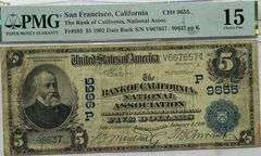 $5 Picture Back 1902 Series National Assn Bank of Ca SF PMG Choice 15