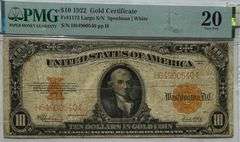 $10 1922 Gold Certificate Large Serial Numbers PMG VF 20