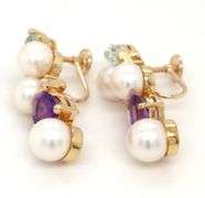14kt Yellow gold marquise topaz, pear shaped amethyst, pearls and diamond earrings