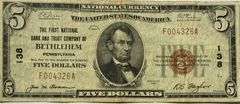 $5 First National Bank &Trust Co Bethlehem 1929 Series National