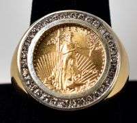 Marvelous 18K Yellow Gold 1/10th oz Gold Liberty Coin and Diamond Ring