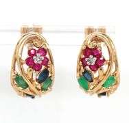 Colorful 10K YG Floral Motif Ring, Earring, and Pendant Suite