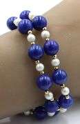 Double row lapis, pearl and gold bead bracelet