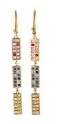 0.42ctw Diamond and Multicolored Sapphire Triple Station Dangle Earrings in 18K