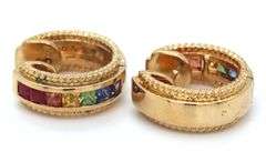 18kt Yellow gold multi color sapphire hoop earrings