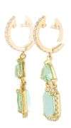 Emerald and Trillion Cut Prasiolite and 0.22ctw Diamond Frame Dangle Earrings in 14K