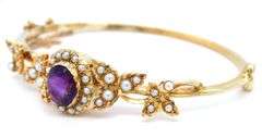 14kt Yellow gold 2.50ct amethyst and seed pearl bangle bracelet