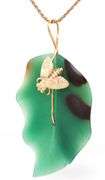 14kt Yellow gold Green agate leaf bee pendant on chain