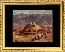 Vintage  Oscar Berninghaus, Threshing Tome Horse Corral Hay Harvest