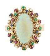 Oval Opal Cabochon and Multi-Gemstone Double Frame Cocktail Ring in 14K
