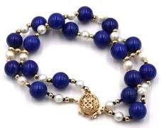 Double row lapis, pearl and gold bead bracelet