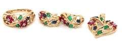 Colorful 10K YG Floral Motif Ring, Earring, and Pendant Suite