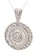 10kt White gold 1.85ctw round and baguette cluster round pendant on chain
