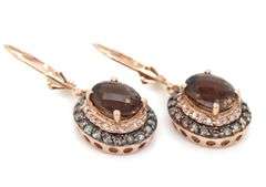 14kt Yellow gold oval smokey quartz and white and TLB double halo dangle earrings
