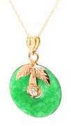 14kt Yellow gold green Jade diamond pendant on chain