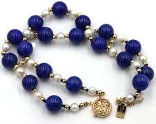 Double row lapis, pearl and gold bead bracelet