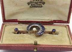 Antique 2.10ctw sapphire, diamond and pearl moon brooch