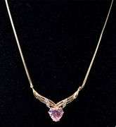 Sparkling 14K Yellow Gold Pink Topaz Gemstone and Diamond Pendant Necklace