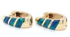 Pretty 14K YG Huggie Earrings with Opal Inlay