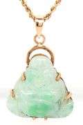 14kt Yellow gold green Jade laughing Buddha pendant on chain