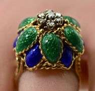 Vintage 14K Yellow Gold Enamel & Diamond Flower Ring