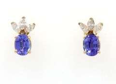 14kt Yellow gold oval tanzanite and diamond marquise stud earrings