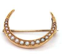 14kt Yellow gold Cresent moon seed pearl pin brooch