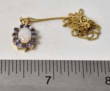 Pretty 14K Yellow Gold Opal and Amethyst Gemstone Pendant Necklace