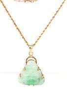 14kt Yellow gold green Jade laughing Buddha pendant on chain