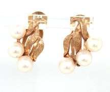 Pretty 14K YG Triple Pearl Estate Omega Back Earrings