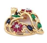 Colorful 10K YG Floral Motif Ring, Earring, and Pendant Suite