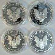 4 Diff Gem Cameo Proof $1 Silver Eagles 2000-2005, Velvet Boxes