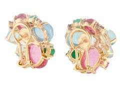 Multi-Colored Gemstone and Seed Pearl Omega Back Earrings in 14K