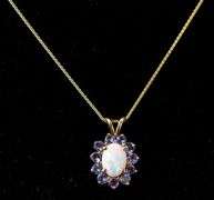 Pretty 14K Yellow Gold Opal and Amethyst Gemstone Pendant Necklace