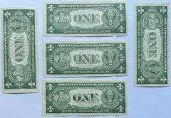 Five Near Consecutive 1935 E Unc $1 Silver Certificates