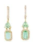 Emerald and Trillion Cut Prasiolite and 0.22ctw Diamond Frame Dangle Earrings in 14K