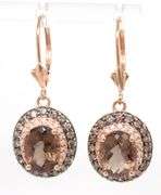 14kt Yellow gold oval smokey quartz and white and TLB double halo dangle earrings