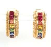 18kt Yellow gold multi color sapphire hoop earrings