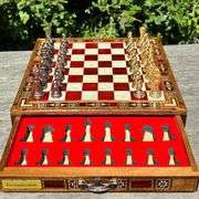 Luxury Chess Set with Metal Pieces and Wooden Storage Board