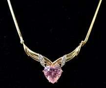 Sparkling 14K Yellow Gold Pink Topaz Gemstone and Diamond Pendant Necklace