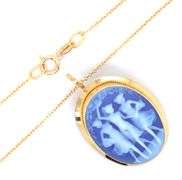 18kt Yellow gold 3 Sister blue Cameo brooch pendant on chain